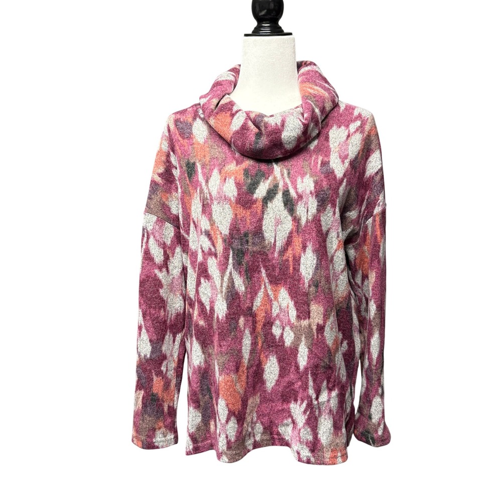 Tribal Red Plum Abstract Fuzzy-Injection Cowl Neck Knit‎ Top Women's Medium NWT